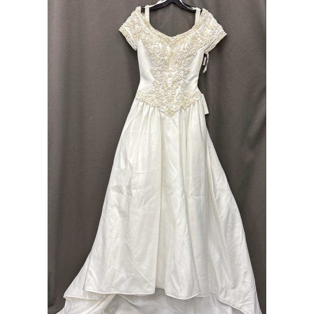 Vintage Michelangelo Satin Wedding Dress Embroidered With Pearls Beads Sz 4